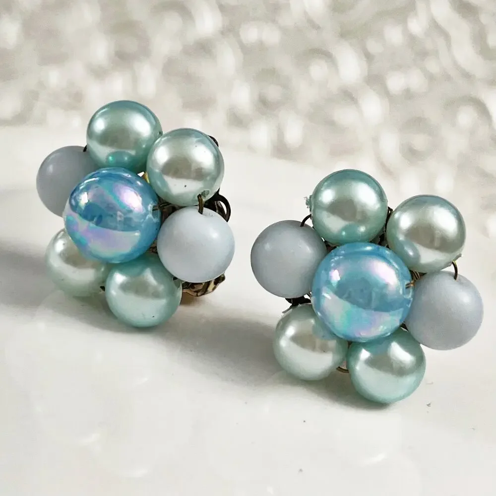 Vintage Mid-Century JAPAN Blue Beaded Cluster Clip Earrings